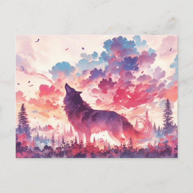 Howling Wolf in Pink Sunset Forest Postcard (Front)