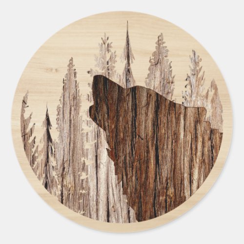 Howling Wolf In Textured Wood Classic Round Sticker