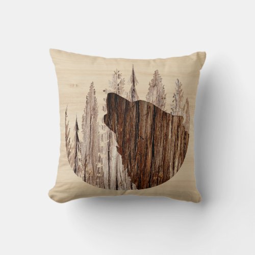 Howling Wolf In Textured Wood Throw Pillow