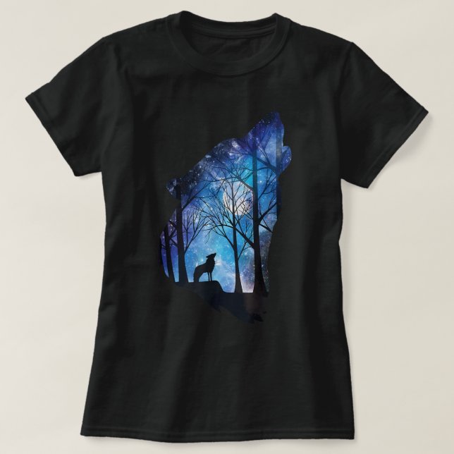 Howling Wolf in The Moon Sky Galaxy Wolf Wild Anim T-Shirt (Design Front)