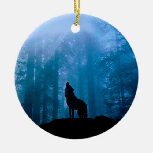 Howling Wolf in Wilderness Ceramic Ornament