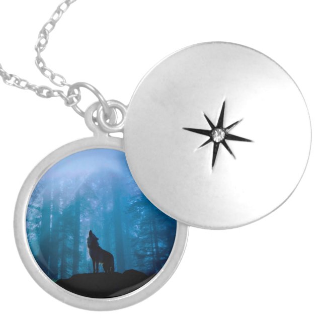 Howling Wolf in Wilderness Locket Necklace (Front)