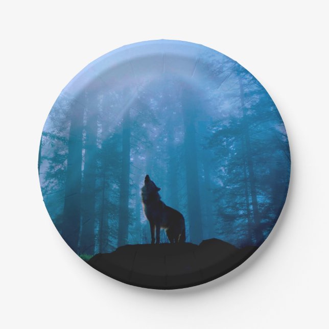 Howling Wolf in Wilderness Paper Plates (Front)