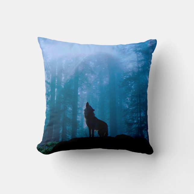 Howling Wolf in Wilderness Throw Pillow (Front)