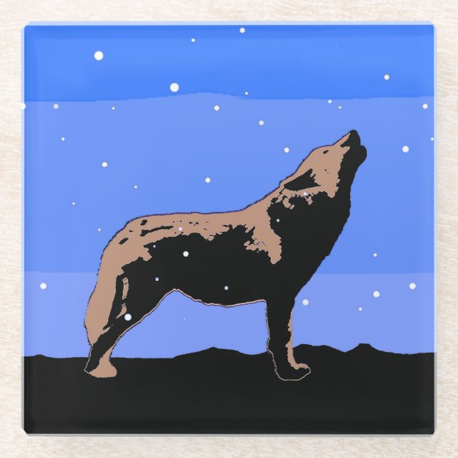 Howling Wolf in Winter  - Original Wildlife Art Glass Coaster (Front)