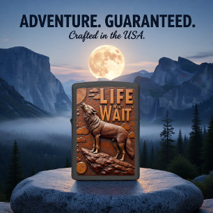 Howling Wolf Monochrome Life Won't Wait Zippo Lighter