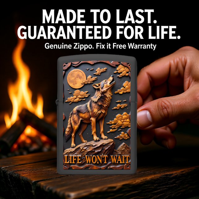 Howling Wolf Monochrome Life Won't Wait Zippo Lighter (Creator Uploaded)