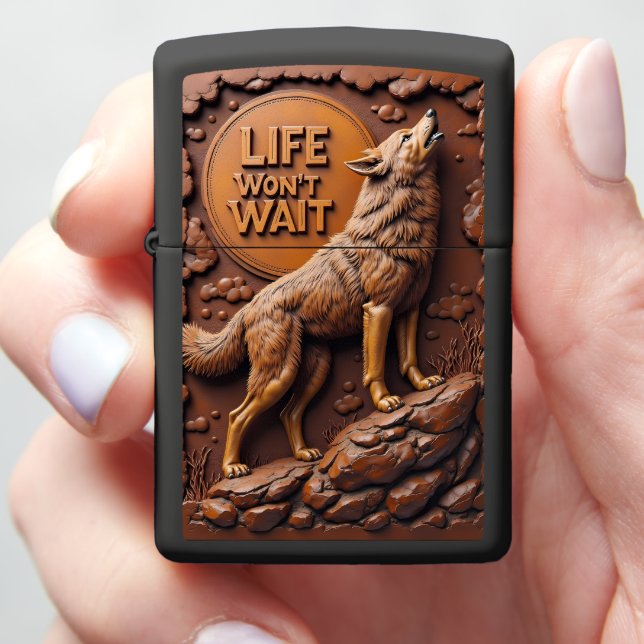 Howling Wolf Monochrome Motivational Cliff Zippo Lighter (In Hand)