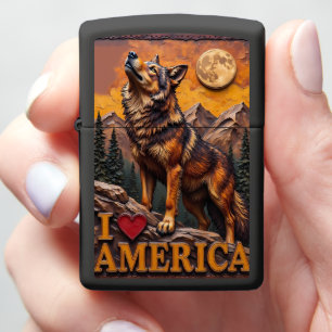 Howling Wolf Moon Patriotic America Zippo Lighter
