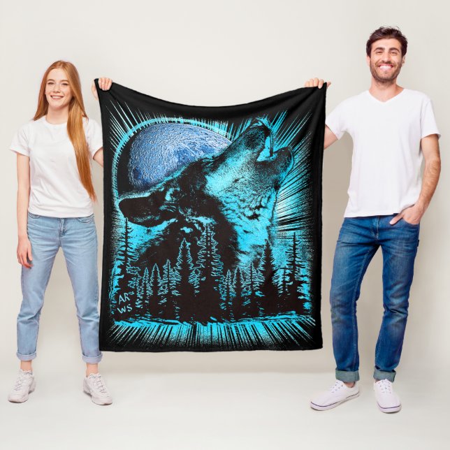 Howling Wolf Moon Pine Forest Art Fleece Blanket (In Situ)
