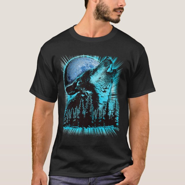 Howling Wolf Moon Pine Forest Art T-Shirt (Front)