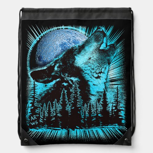 Howling Wolf Moon Pine Forest Cool Drawstring Bag