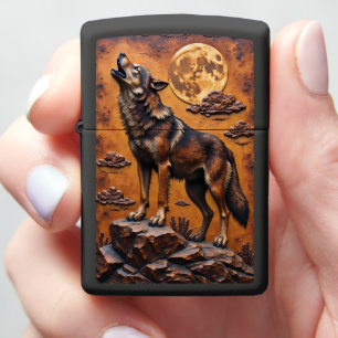 Howling Wolf Moon Rocky Cliff Scene Zippo Lighter
