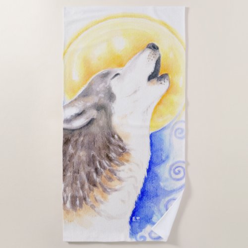 Howling Wolf Moon Watercolor Art Beach Towel