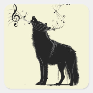 Howling Wolf Music Notes Fun Animal Square Sticker