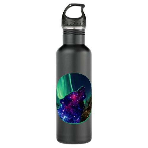 Howling Wolf Northern Lights Aurora Borealis Alask Stainless Steel Water Bottle