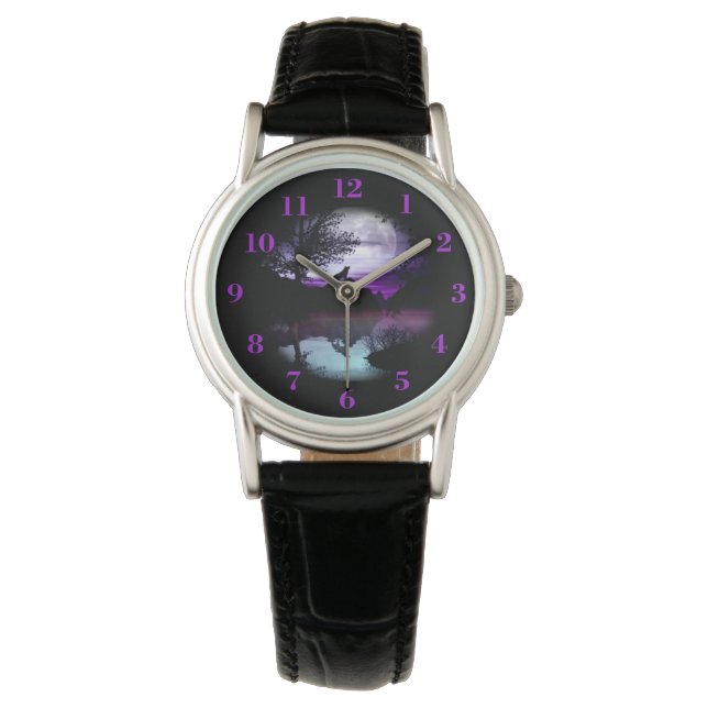 Howling Wolf Purple Gray Sky Water Scene Watch (Front)