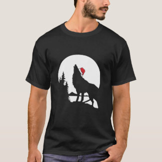 Howling Wolf Santa Hat Christmas Pajama Cool Moon T-Shirt