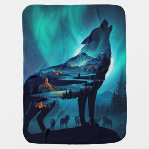 Howling Wolf Silhouette Auror Borealis Baby Blanket
