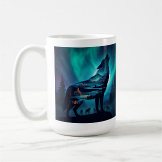 Howling Wolf Silhouette Auror Borealis Coffee Mug