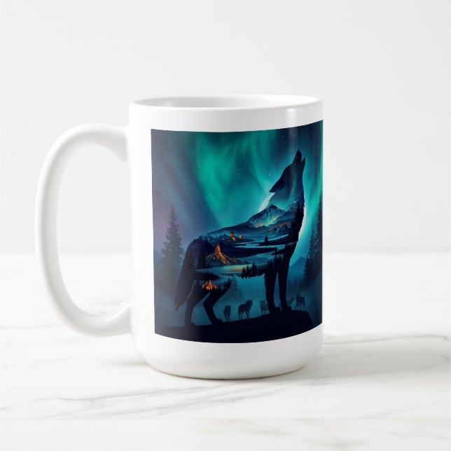 Howling Wolf Silhouette Auror Borealis Coffee Mug (Left)
