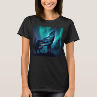 Howling Wolf Silhouette Auror Borealis T-Shirt