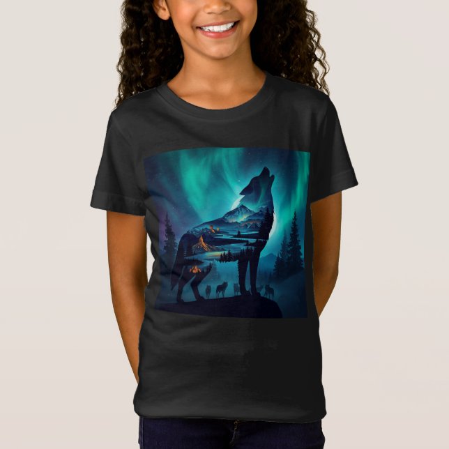 Howling Wolf Silhouette Auror Borealis T-Shirt (Front)