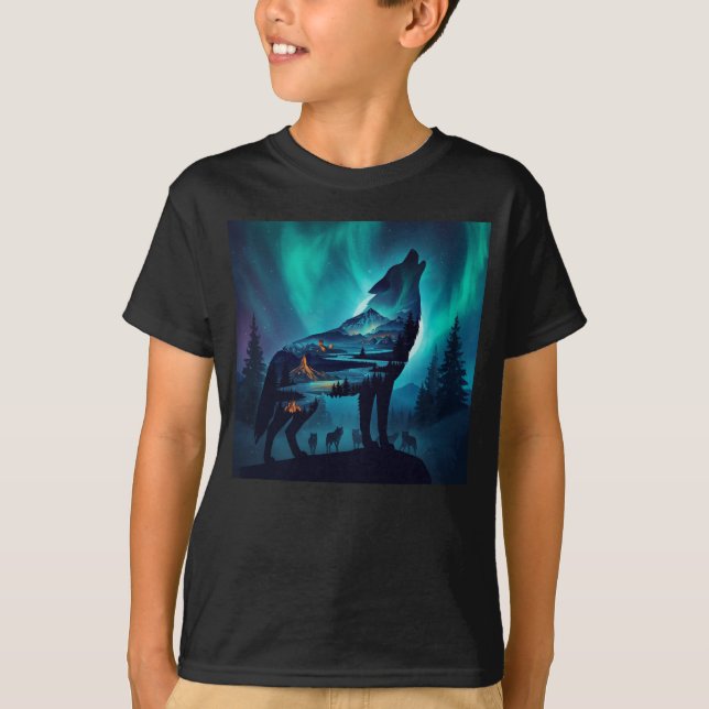 Howling Wolf Silhouette Auror Borealis T-Shirt (Front)