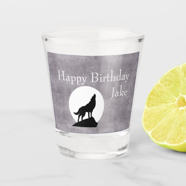 Howling Wolf Silhouette Birthday Customizable Shot Glass (Front)