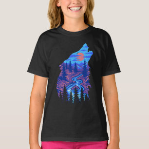 Howling Wolf Silhouette Forest River Landscape T-Shirt