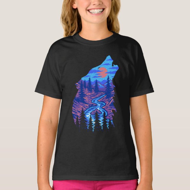 Howling Wolf Silhouette Forest River Landscape T-Shirt (Front)
