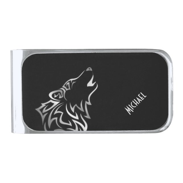 Howling Wolf Silver Black Monogram Silver Finish Money Clip (Front)