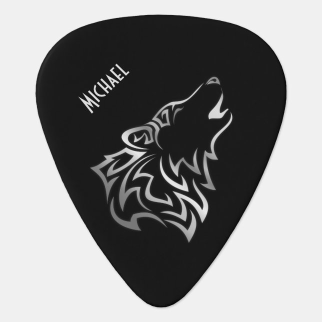 Howling Wolf Silver Black Monogram Vector Guitar Pick (Front)
