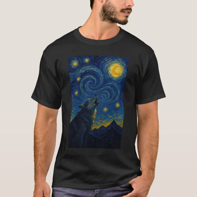 Howling Wolf Starry Night – Van Gogh Style Art T-Shirt (Front)
