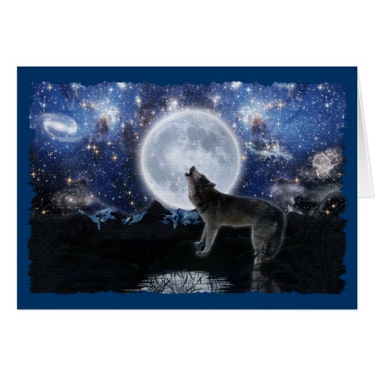 HOWLING WOLF, STARS & MOON Wildlife Card (Front Horizontal)