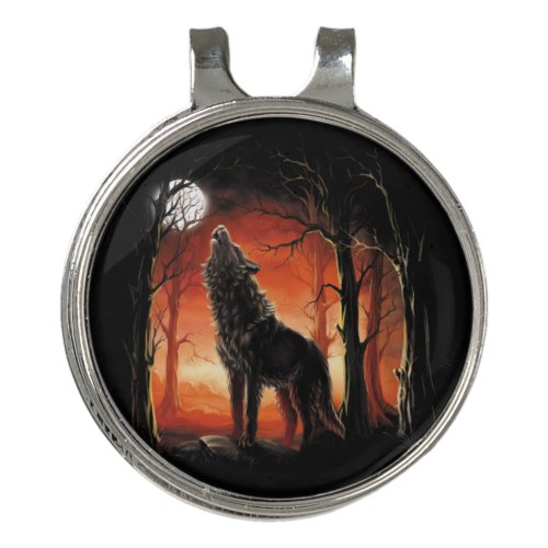 Howling Wolf Sunset Golf Hat Clip and Ball Marker