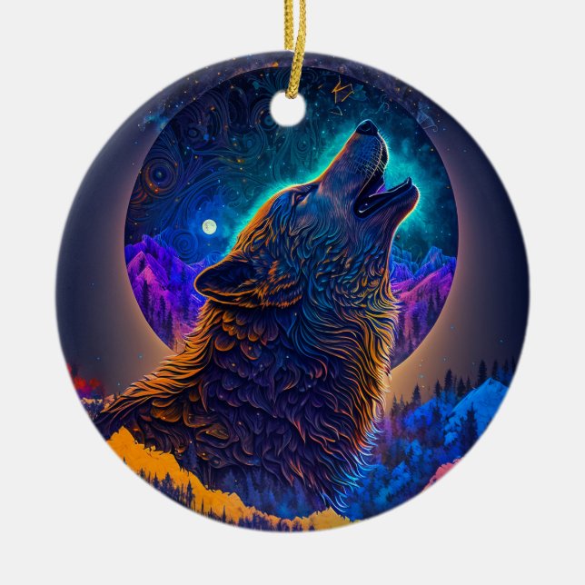 Howling Wolf Surreal Fantasy Ceramic Ornament (Front)
