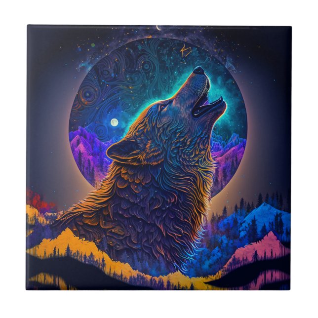 Howling Wolf Surreal Fantasy Ceramic Tile (Front)