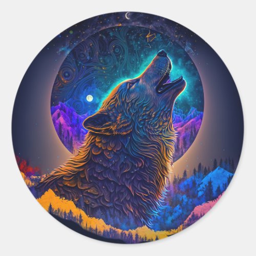 Howling Wolf Surreal Fantasy Classic Round Sticker