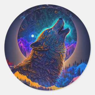 Howling Wolf Surreal Fantasy Classic Round Sticker