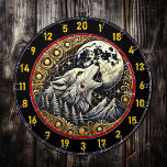 Howling Wolf Symbolizes Wilderness And Strength Dart Board<br><div class="desc">Add a touch of the wild to your game room with this beautifully designed dartboard, featuring a howling wolf under a luminous golden moon. The intricate details and warm tones of red and gold make this dartboard a standout piece for any man cave, lodge, or rustic retreat. The wolf’s howling...</div>