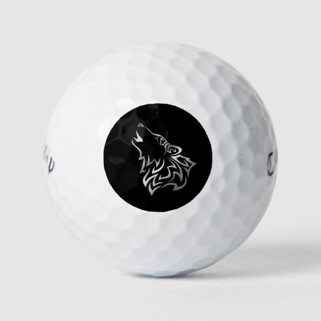 Howling Wolf Tribal Black and Silver Golf Balls (Front)