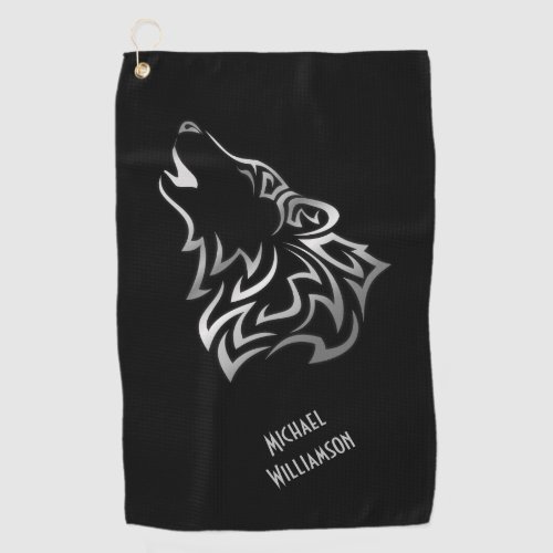 Howling Wolf Tribal Black and Silver Monogram Golf Towel