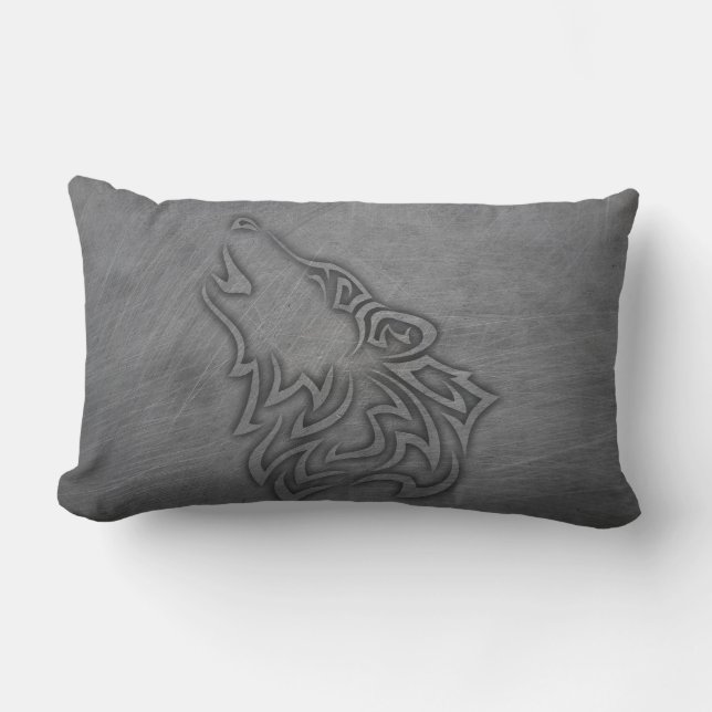 Howling Wolf Tribal Steel Lumbar Pillow (Front)