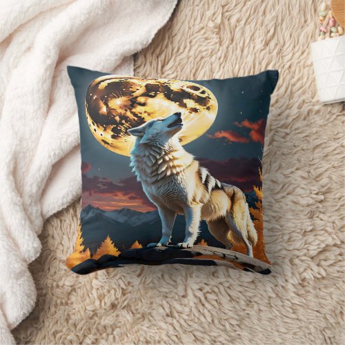 Howling Wolf Under a Full Moon at Dusk Throw Pillow