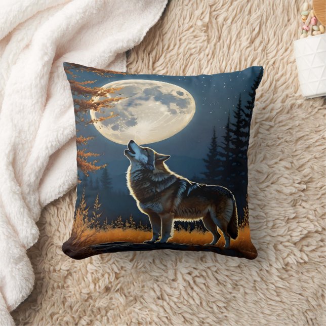 Howling Wolf Under a Full Moon at Night Throw Pillow (Blanket)