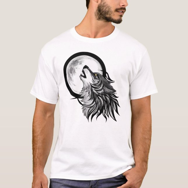 Howling Wolf Under Full Moon - Tribal Art T-Shirt (Front)