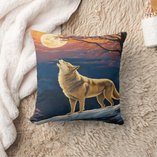 Howling Wolf Under Moonlit Sky at Dusk Throw Pillow