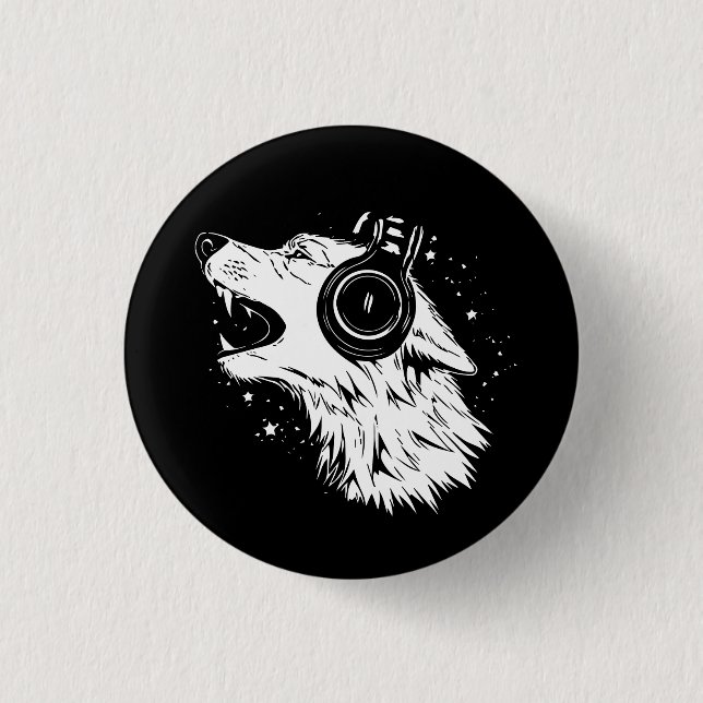 howling wolf wearing headphones button (Front)