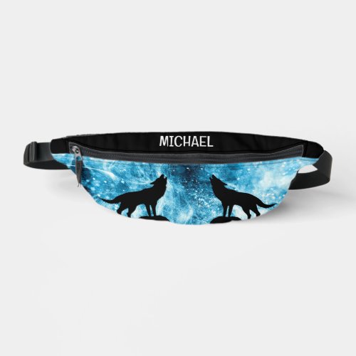 Howling Wolf Winter snowy blue black Custom name  Fanny Pack